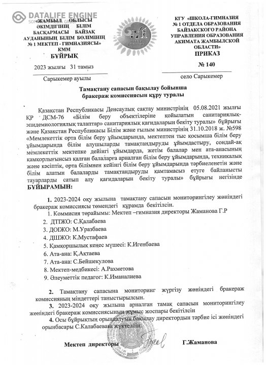 Тамақтану сапасын бақылау бойынша акт