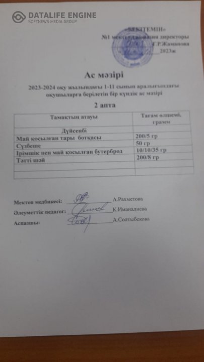 Бір күндік ас мәзірі