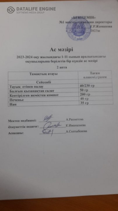 Бір күндік ас  мәзірі
