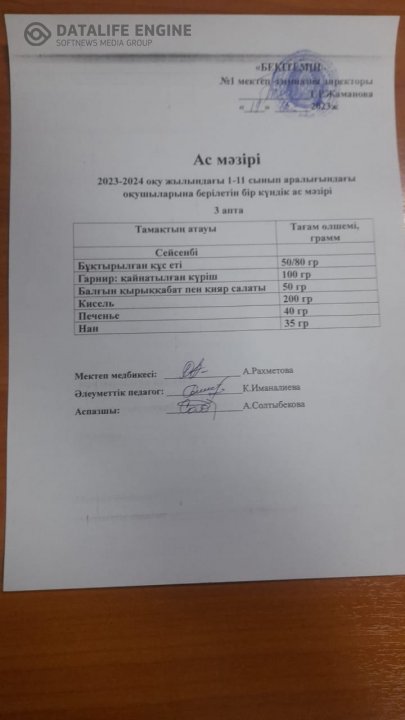 Бір күндік ас мәзірі