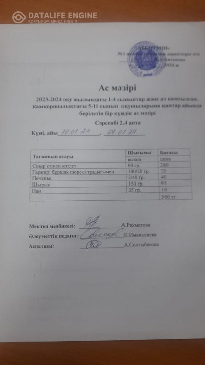 Бір күндік ас мәзірі