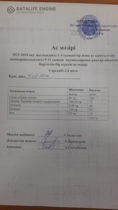 Бір күндік ас мәзірі