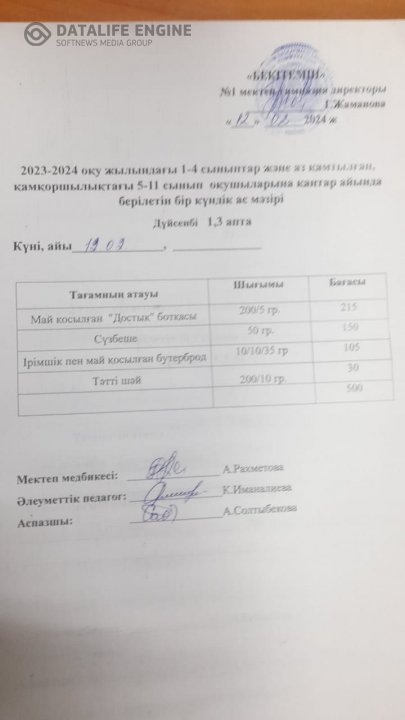 Бір күндік ас мәзірі