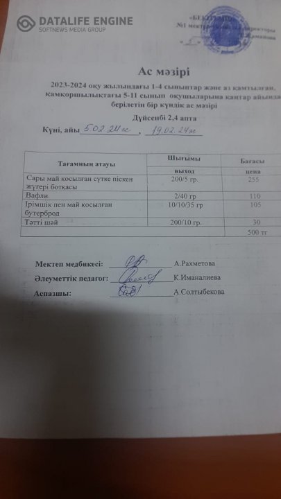 Бір күндік ас мәзірі