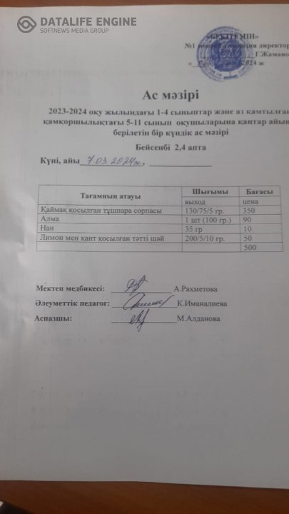 бір күндік ас мәзірі