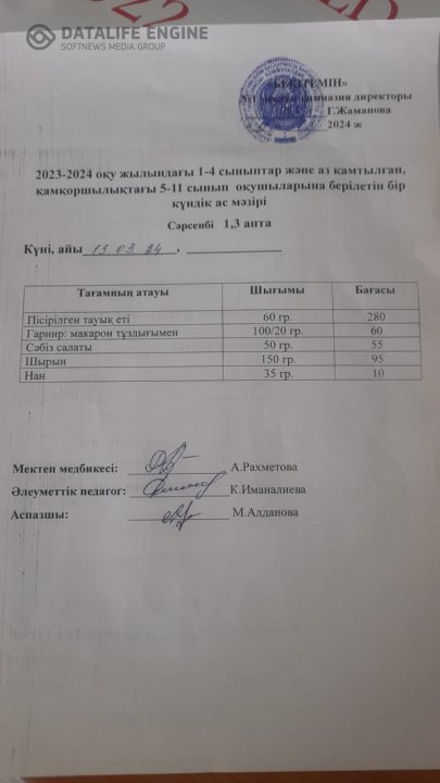 бір күндік ас мәзірі